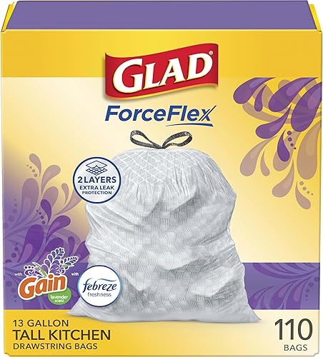 Glad ForceFlex - Bolsas de basura con cordón, 13 galones, lavanda ganancia, 110 unidades, paquete de 3, el paquete puede variar