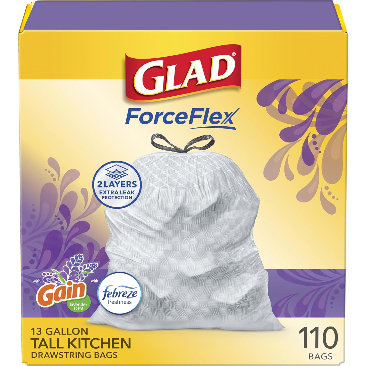 Glad ForceFlex Tall Kitchen Drawstring Trash Bags 13 Gal Gain Lavender 110 Ct Package May Vary