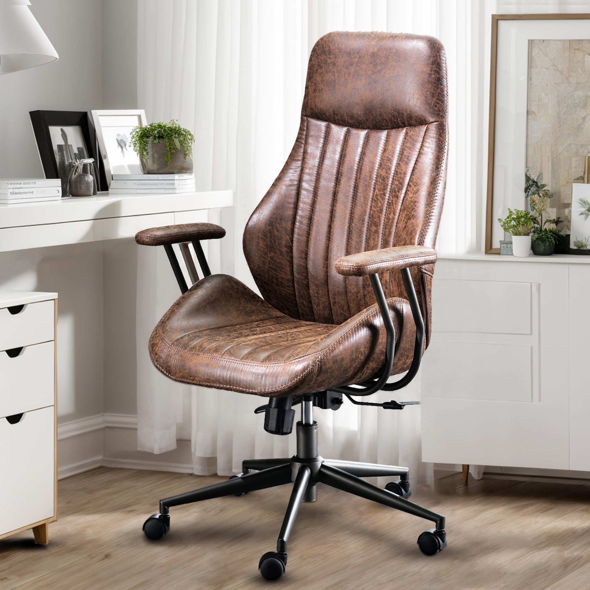 High Back Home Office Chair, Mid Century Vintage Executive Chair,Comfy Ergonomic Rolling Office Task Chair with Lumbar Support,Brown Faux Leather Office Chair,Dark Brown