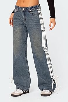 【KIXI】★(UNISEX) Side Track Wrinkle Denim Pants Aelfric Eden Mens Jeans Ripped Patchwork Fringe Denim Pants
