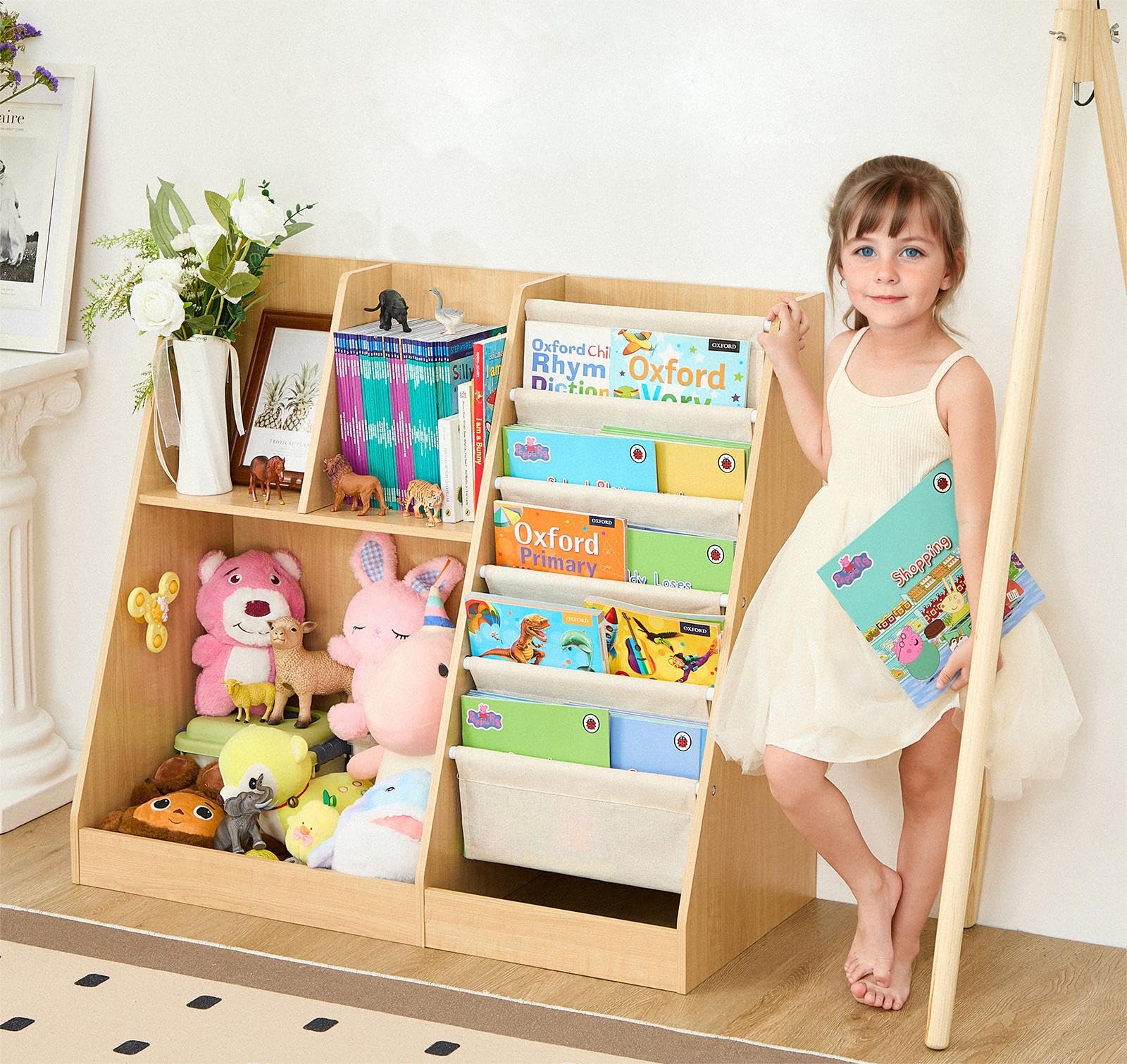 Kids Bookshelf and Toy Storage, Kids Wooden Bookshelf with Layer Sling Bookcase, Sling Book Shelf and Toy Storage for for Playroom, Kids Room, Classroom, Nursery (Natural)