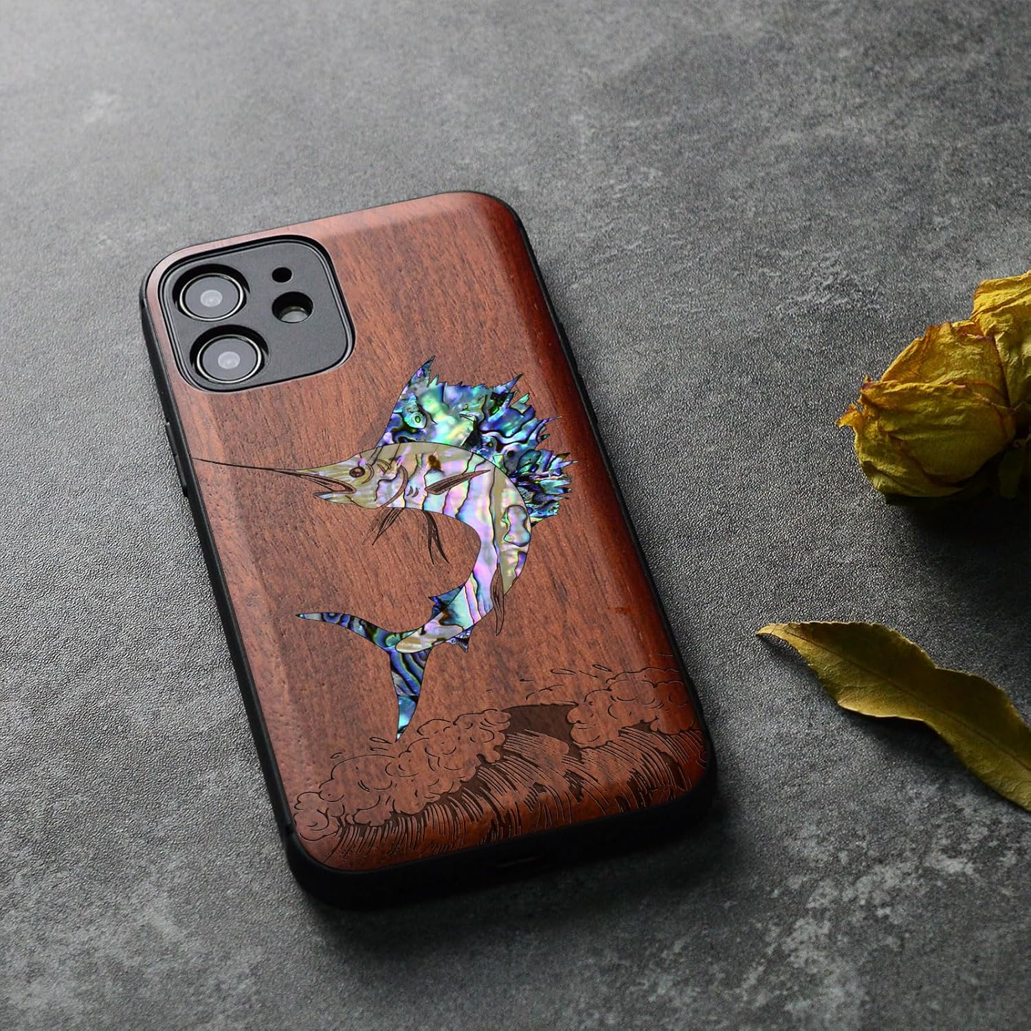 Carveit Designer Wooden Protective Case for iPhone 12 Magnetic Cover [Wood Engraving & Shell Inlay] Compatible with iPhone 12 MagSafe (Soaring Marlin-Rosy)