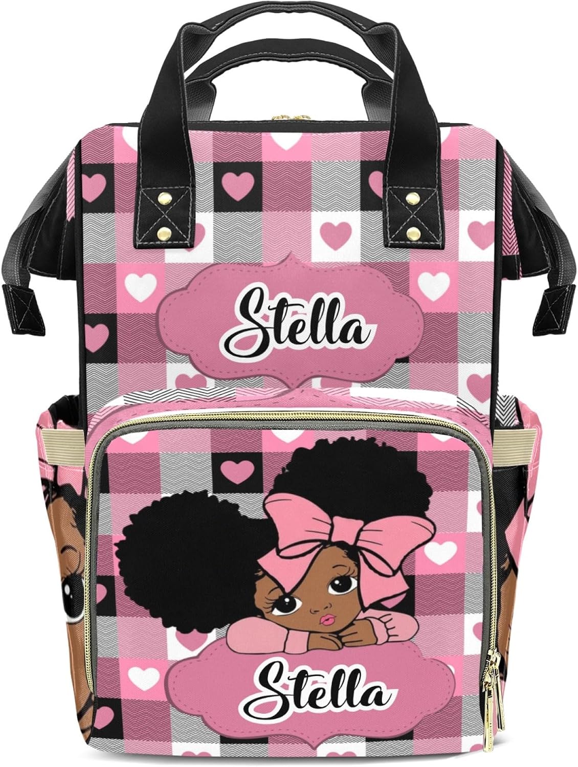 Personalized Diaper Bag Backpack for Women, Pink Black Checked Heart Pattern Bow Girl Custom Name Nursing Mommy Daypack, Diaper Bag for Baby Girls, New Mom Gifts