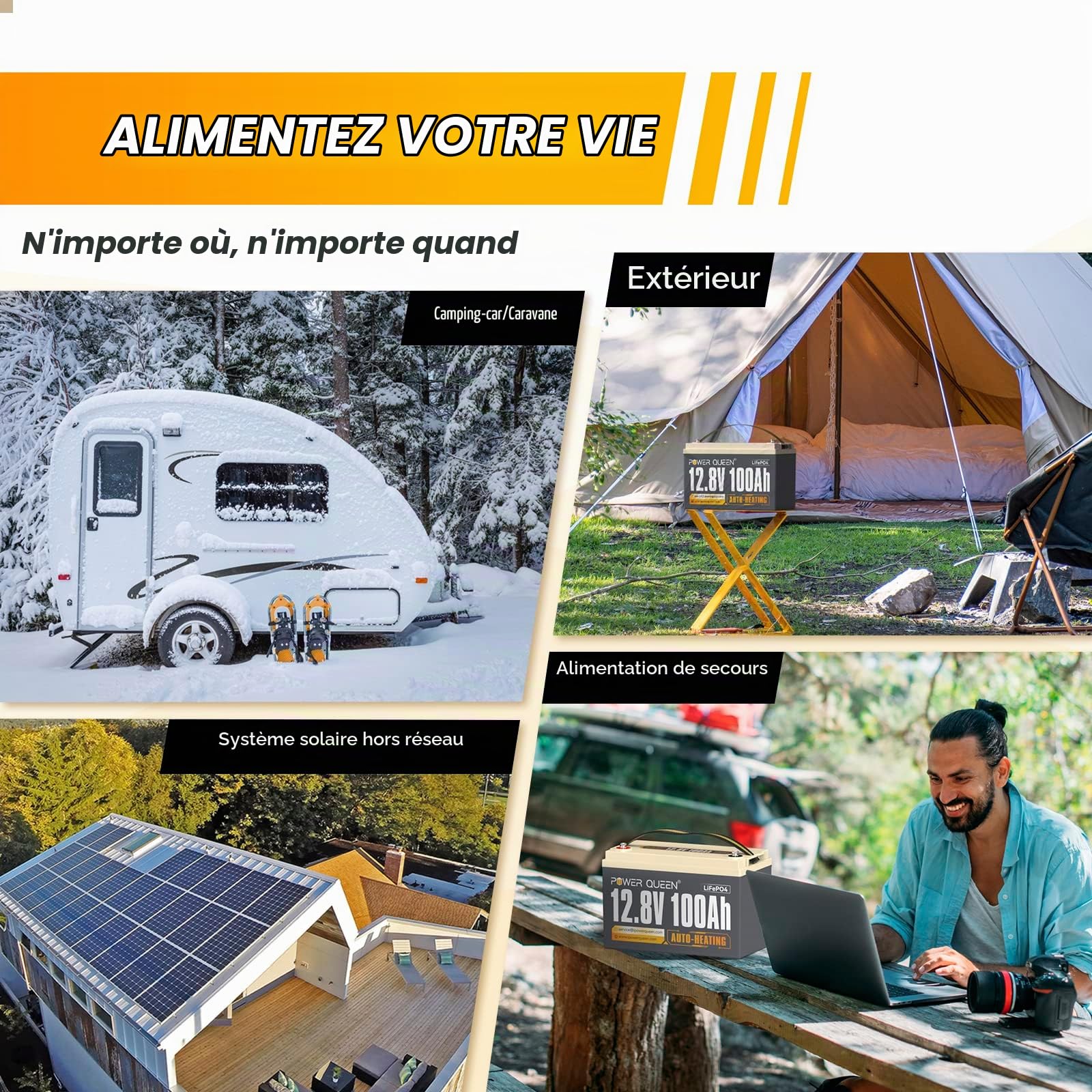 Power Queen 12V 100Ah Auto-Heating LiFePO4 Batterie, avec 100A BMS, Support Low Temp. 4°F/-20°C, batterie au lithium-fer avec 4000+ cycles, parfaite pour les camping-cars et les systèmes hors réseau.…