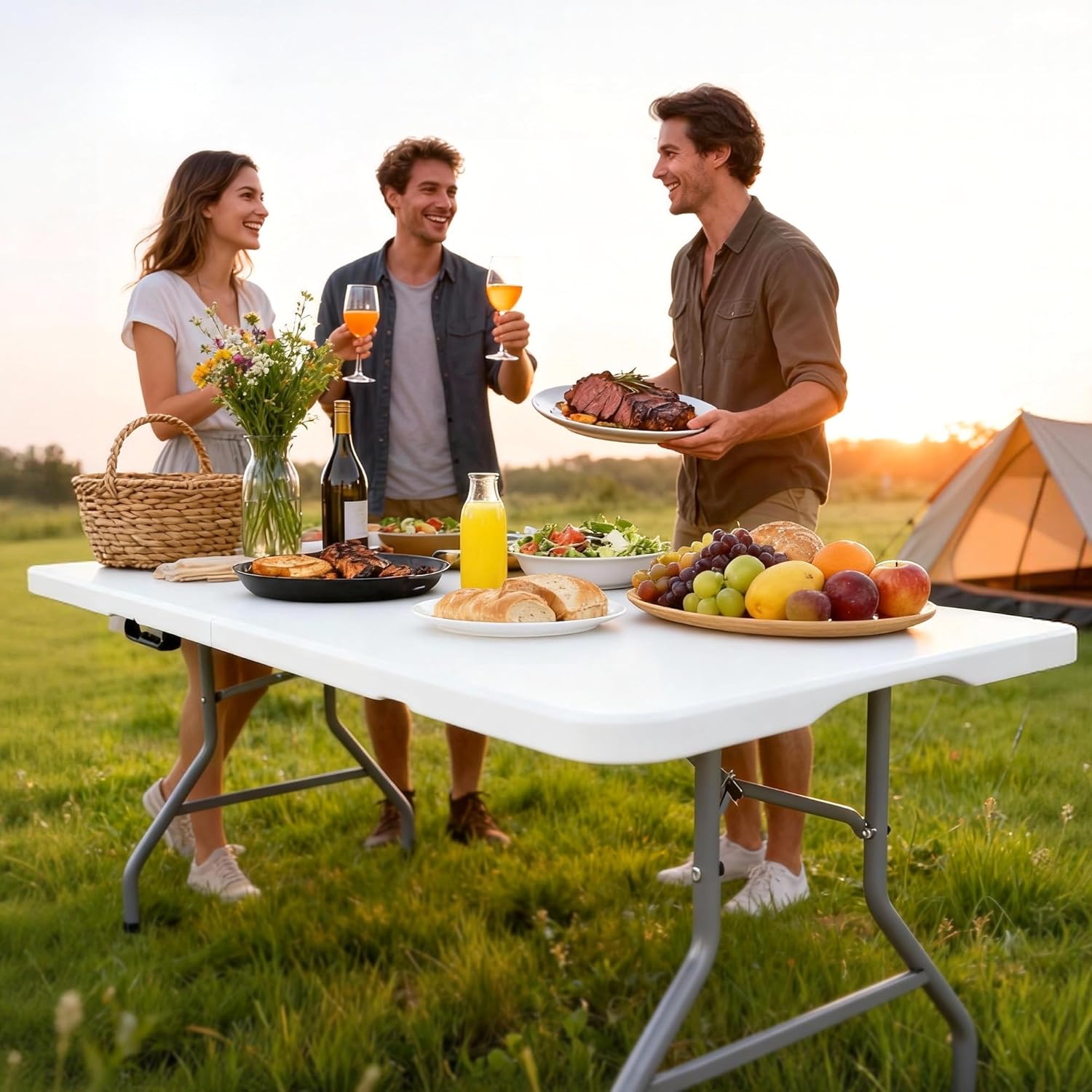 5 Foot Folding Table 350 LBS Heavy Duty, 18% Thicker HDPE Waterproof Top, Portable Fold in Half Table with Carrying Handle and Steel Frame for Indoor Outdoor Party Events