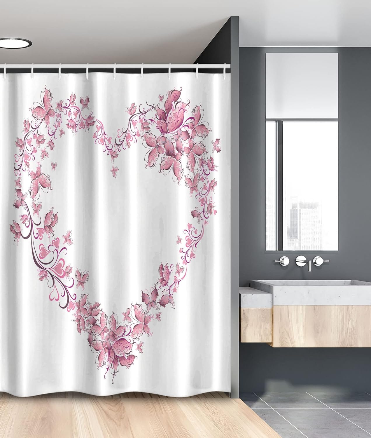 Ambesonne Love Stall Shower Curtain, Floral Love Romantic Shape Heart of Butterflies Valentine's Day Flowers Ornamental, Fabric Bathroom Decor Set with Hooks, 36" W x 72" L, Rose White