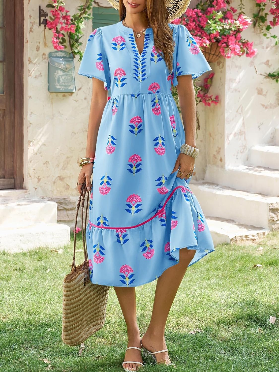 Wenrine Womens Summer Floral Midi Dress Casual Short Sleeve V Neck Flowy Ruffle Boho Beach Sundress with Pockets - Image 3