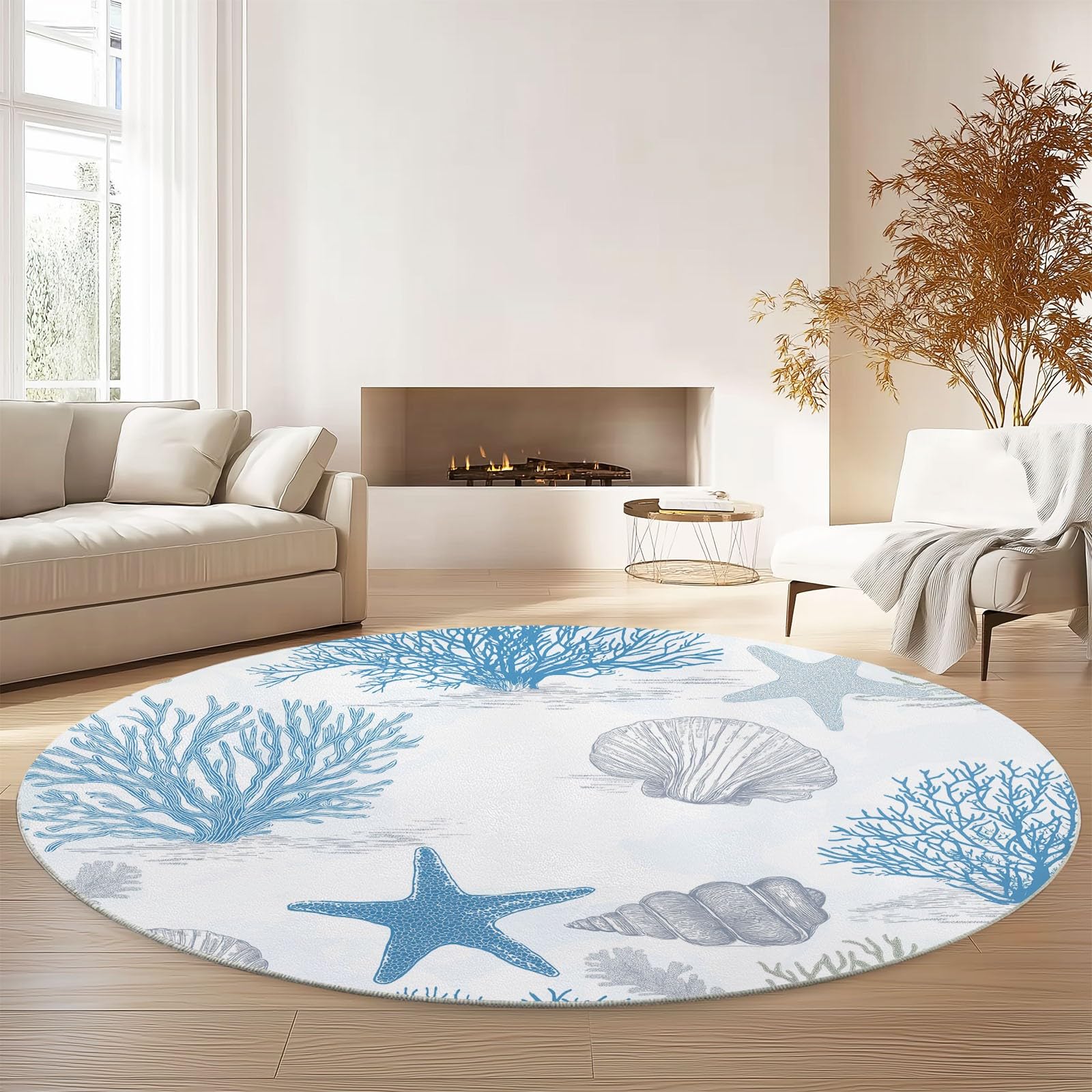 Tappeto Rotondo da 150 cm, con Motivo Astratto a Corallo Dipinto a Mano, Lavabile in Lavatrice, Morbido e Antiscivolo, Ideale per Camera da Letto, Soggiorno, Cucina e Arredamento c
