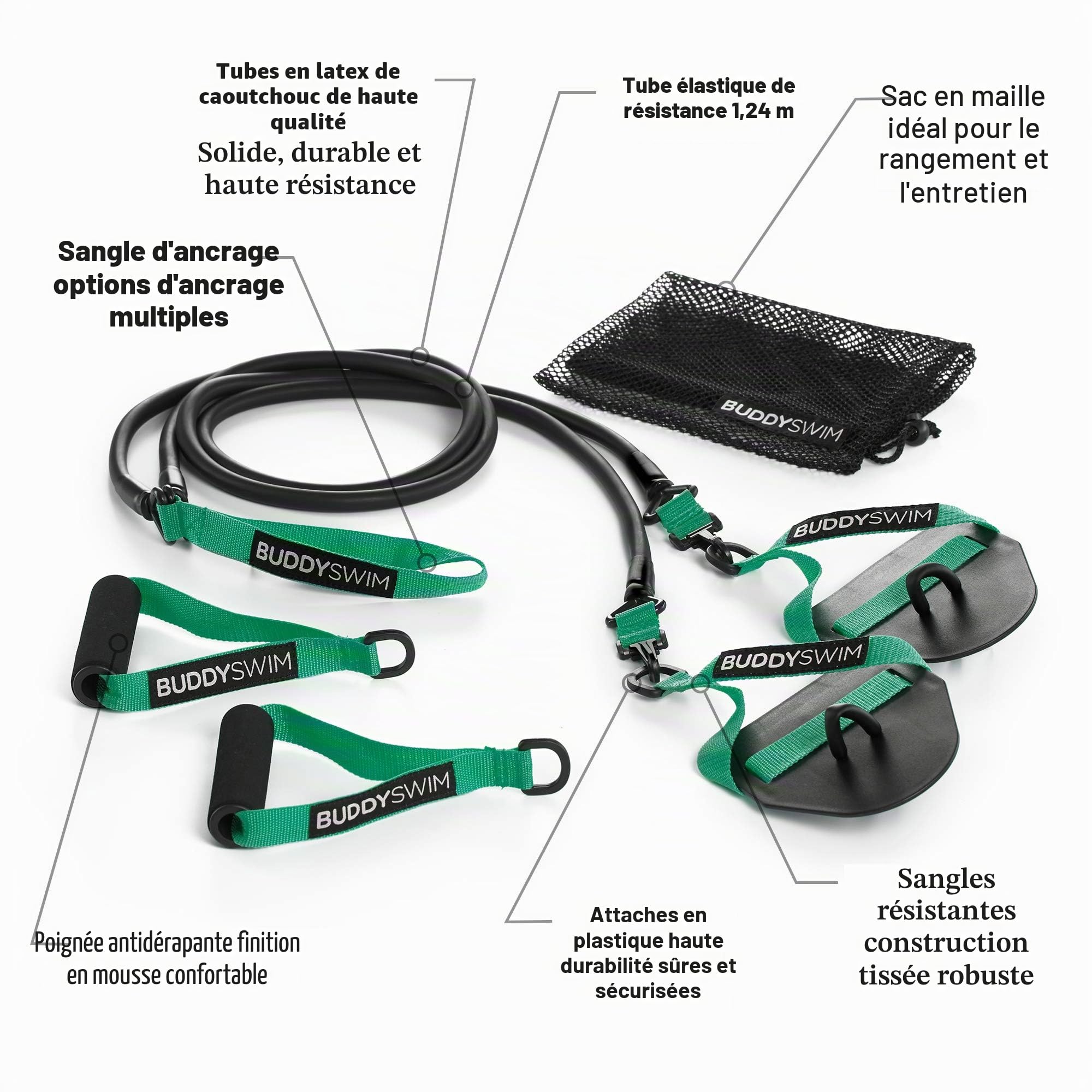 Bandes élastiques de Natation Super Stroke avec poignées et palettes interchangeables. Elastique Musculation Traction pour l'entraînement à la nage à Sec. Bandes de Resistance