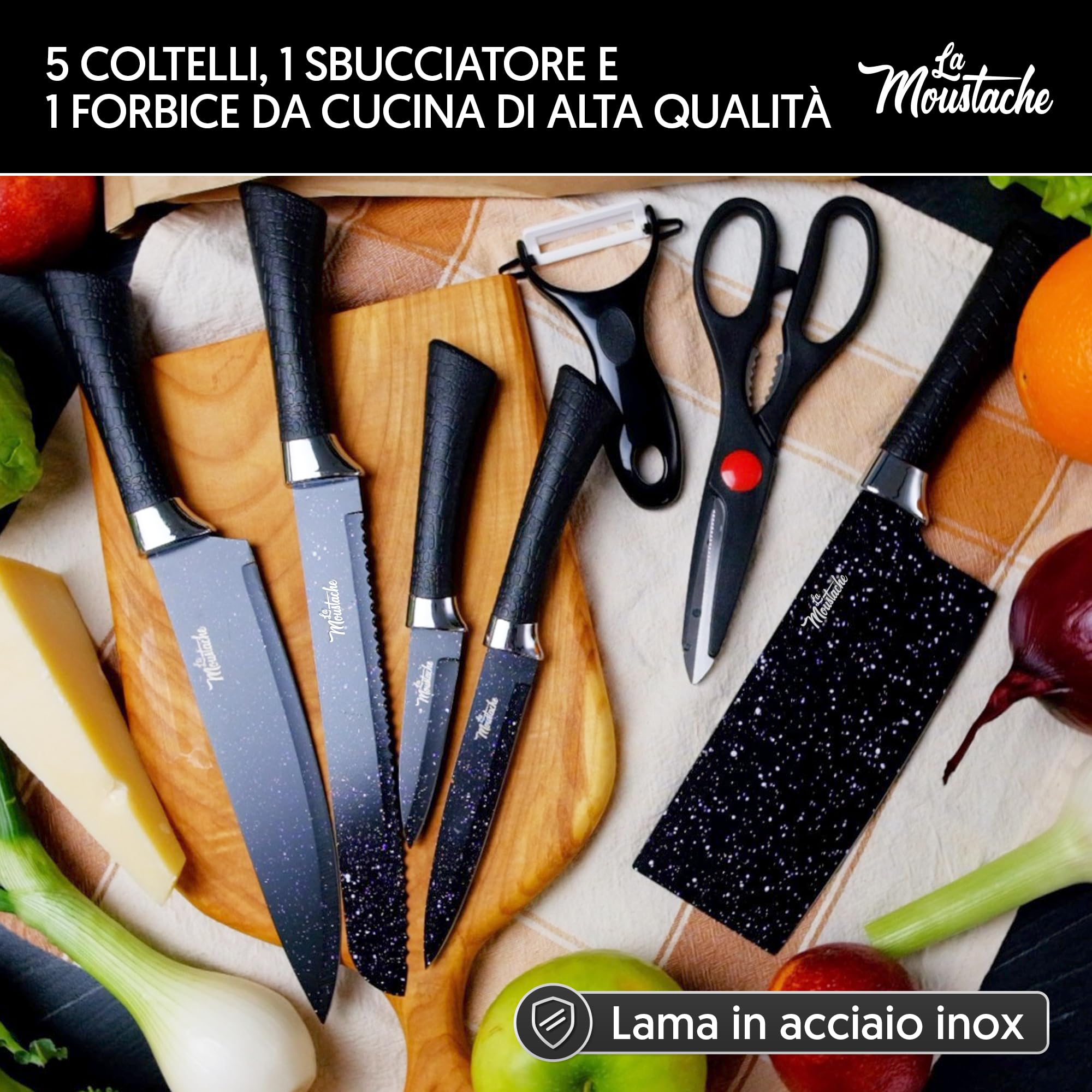La Moustache - Set di Coltelli 7 Pezzi da Cucina Professionali, Inossidabile e Antiaderenti, Forbici, Pela Verdure, Coltelli da Chef per Pane e Carne, Ergonomici e Prova di Calore (Marmo)