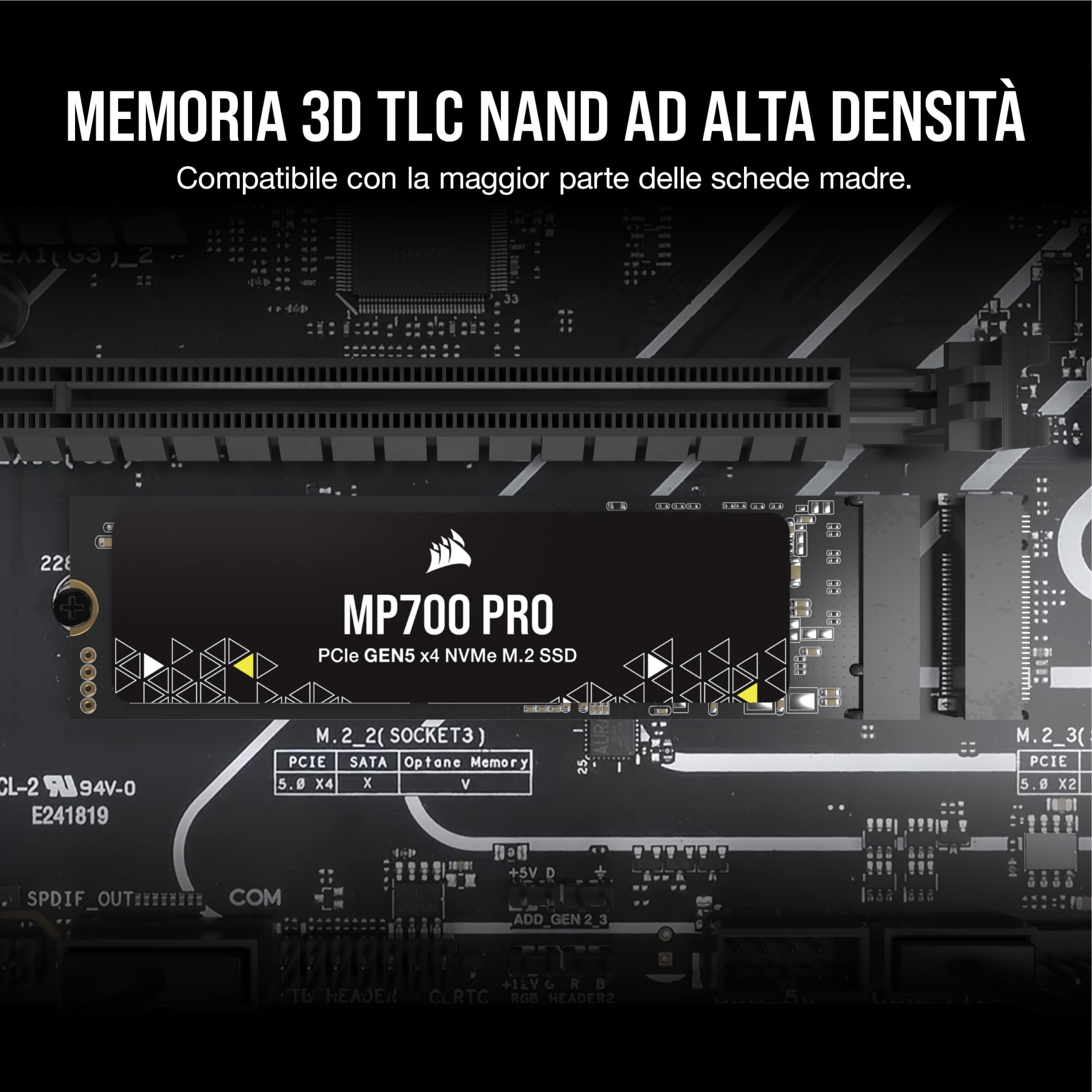 Corsair MP700 PRO 1TB M.2 PCIe Gen5 x4 NVMe 2.0 SSD - M.2 2280 - Fino a 11.700MB/sec in Lettura Sequenziale - NAND TLC ad Alta Densità - Nero