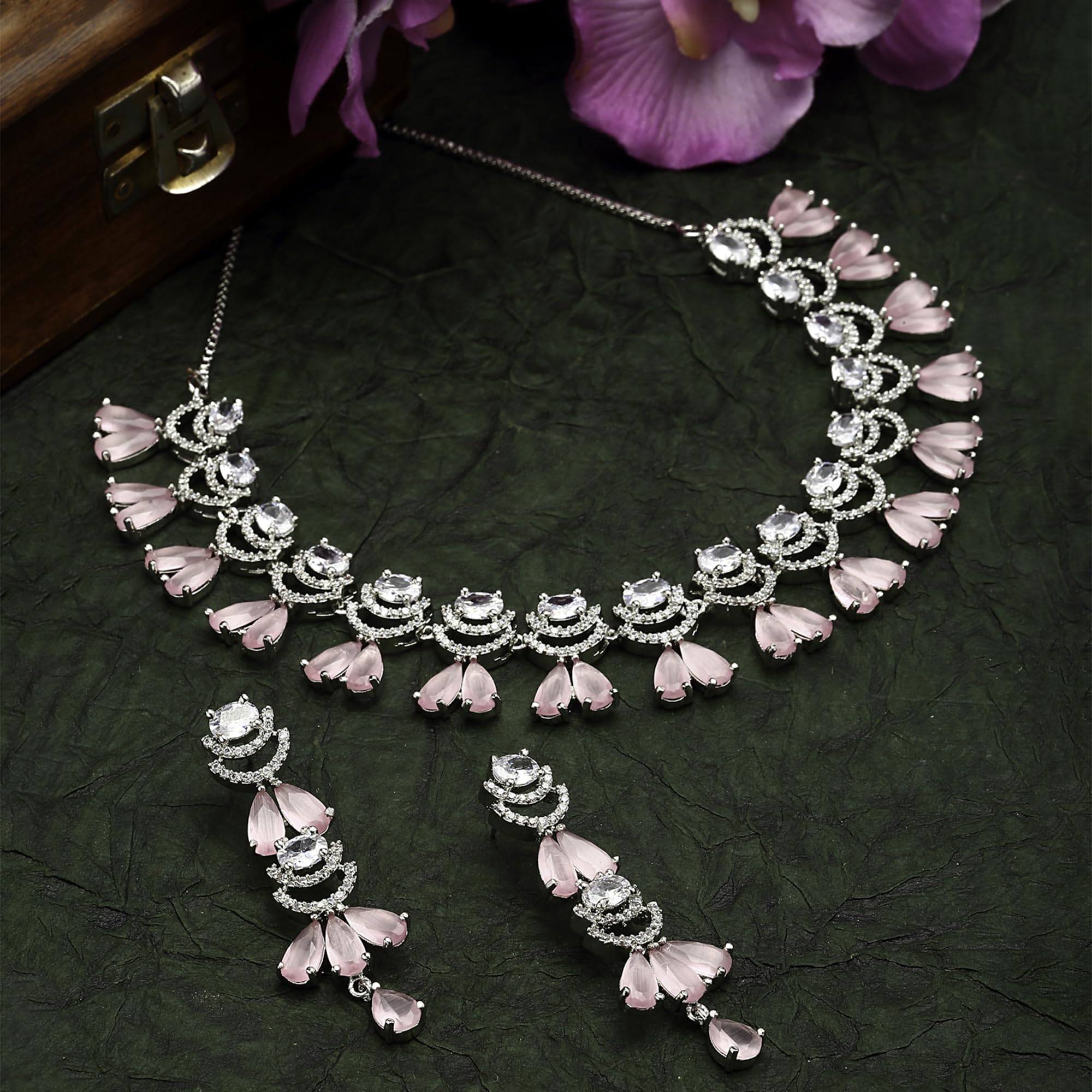 Rhodium-Plated Teardrop & Crescent Necklace Set