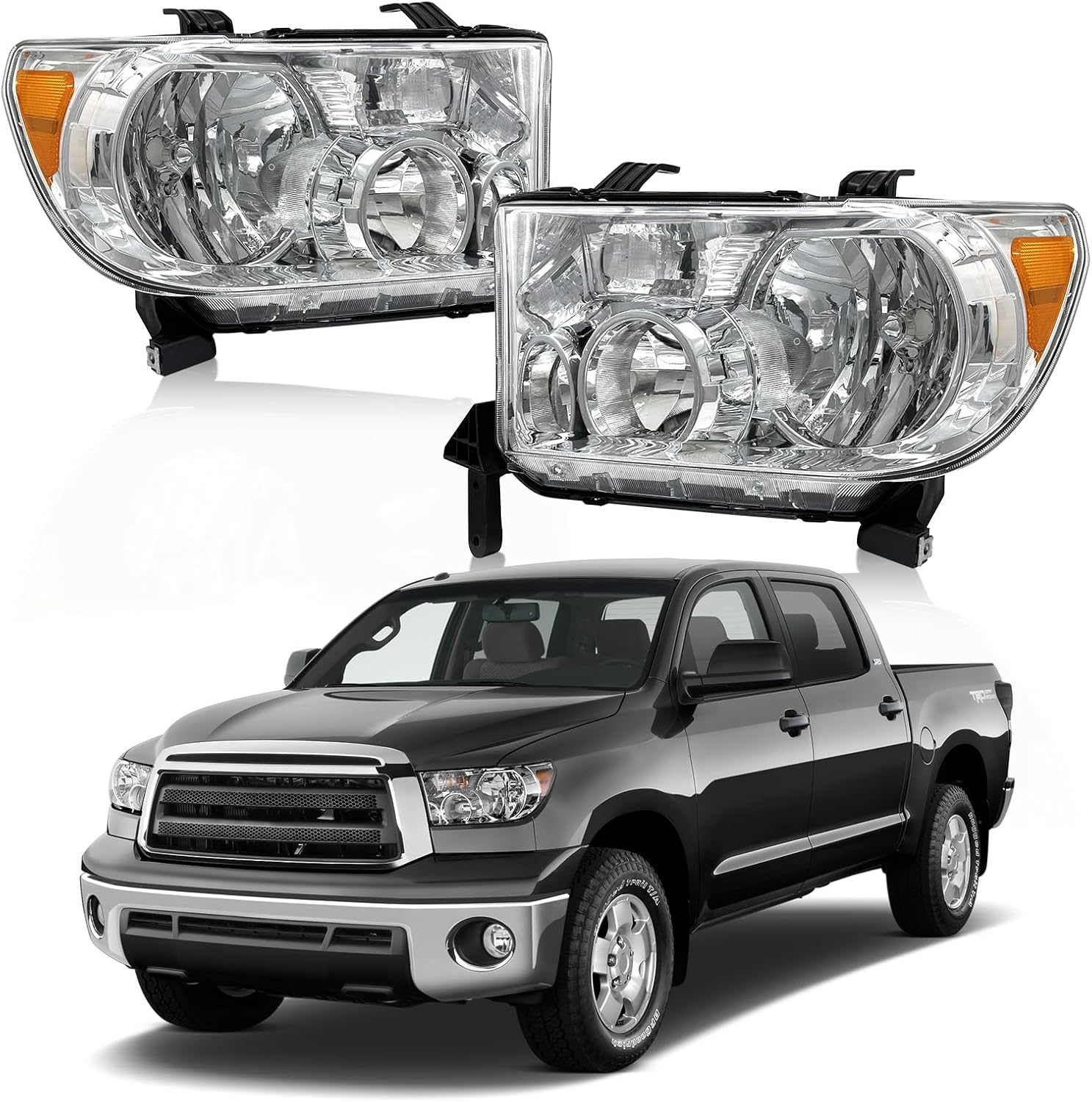 for 2007-2017 Toyota Headlights Compatible With 07-13 Toyota Tundra / 08-17 Toyota Sequoia Headlight Replacement Chrome Housing Amber Reflector Headlamp Pair