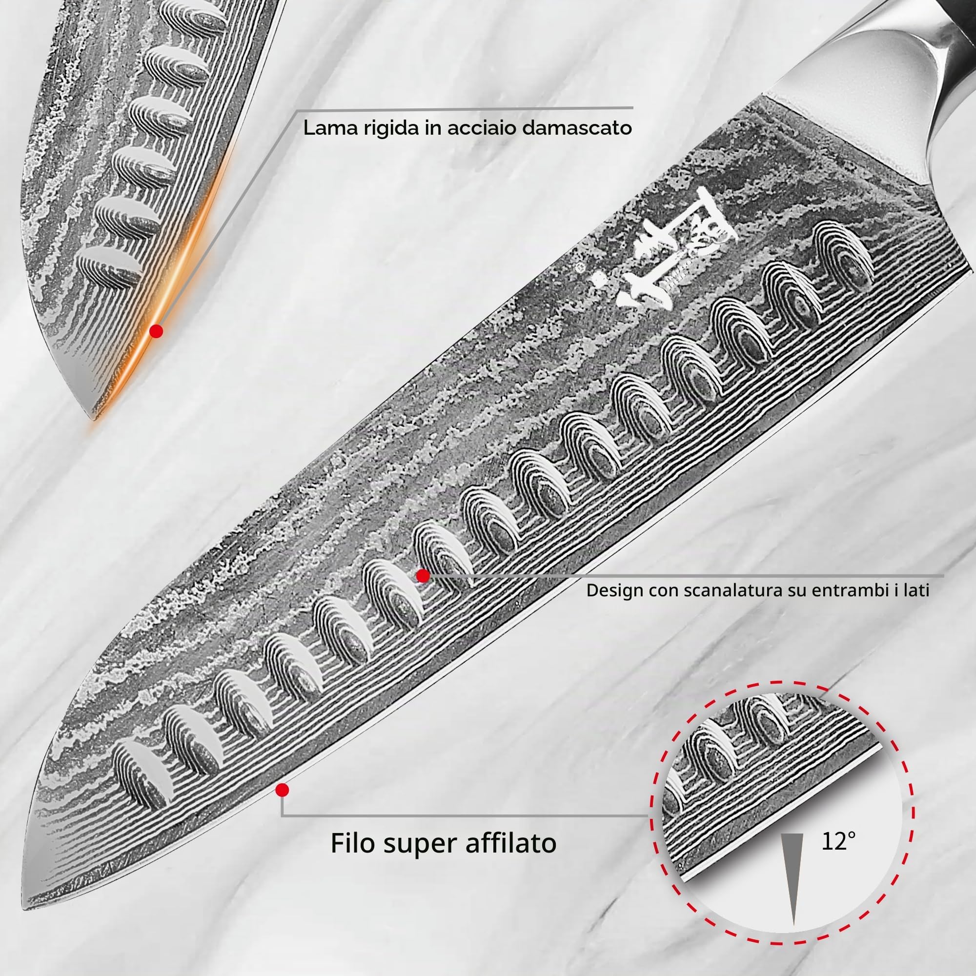 Coltello Santoku in Damasco da 18 cm, coltello da cucina con manico in legno, coltello da chef ad alto tenore di carbonio, coltelli da cucina ultra affilati in acciaio inossidabile Damasco