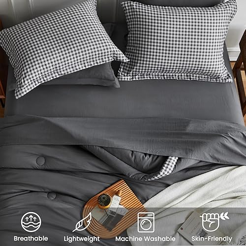 Miniatura 4 de WARMDERN Juego de edredón de cuadros de búfalo tamaño King, juego de edredón ligero y suave tamaño King, juego de ropa de cama de 7 piezas con