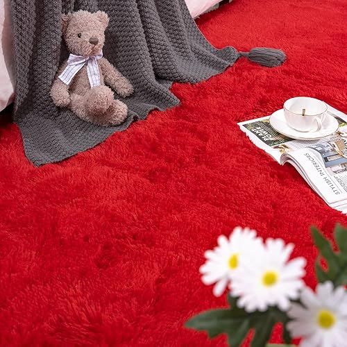 Miniatura 3 de DETUM Alfombra roja de 2 x 4 pulgadas, alfombra mullida para dormitorio, alfombra de noche lanuda suave para habitación de niños, antideslizante,