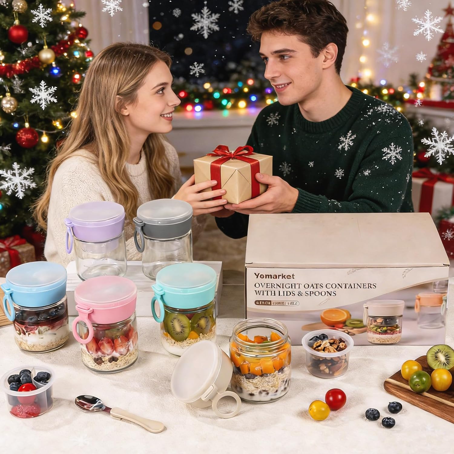 6 Pack Overnight Oats Containers with Lids and Folding Spoon Mason Glass Jars with Divided Compartments 16 oz Food Containers Storage for Meal Prep Chia Pudding Parfait Yogurt