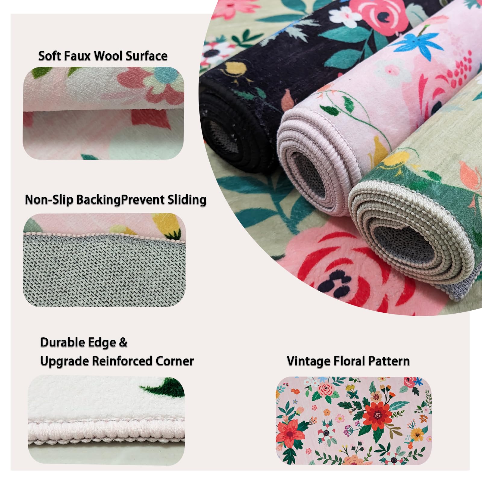 USTIDE 4x6ft Floral Pink Rug Non-Slip Washable Faux Wool Carpet for Girls Bedroom Nursery, Playroom Soft Kids Room Rug - Image 3