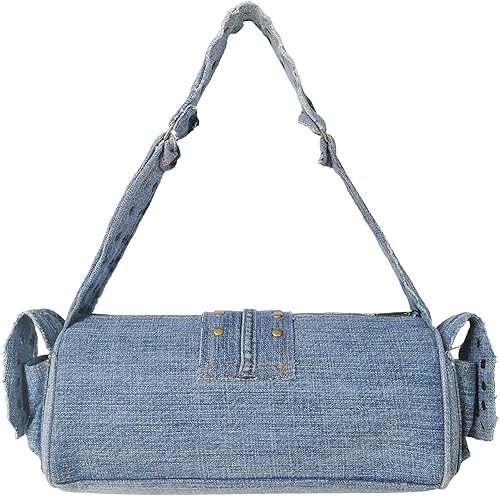 Vista 2 de Upcycling Blue Denim Jeans Punk, remache de latón tachonado hebilla cinturón decorativo barril asa hombro bolso bolso, Azul