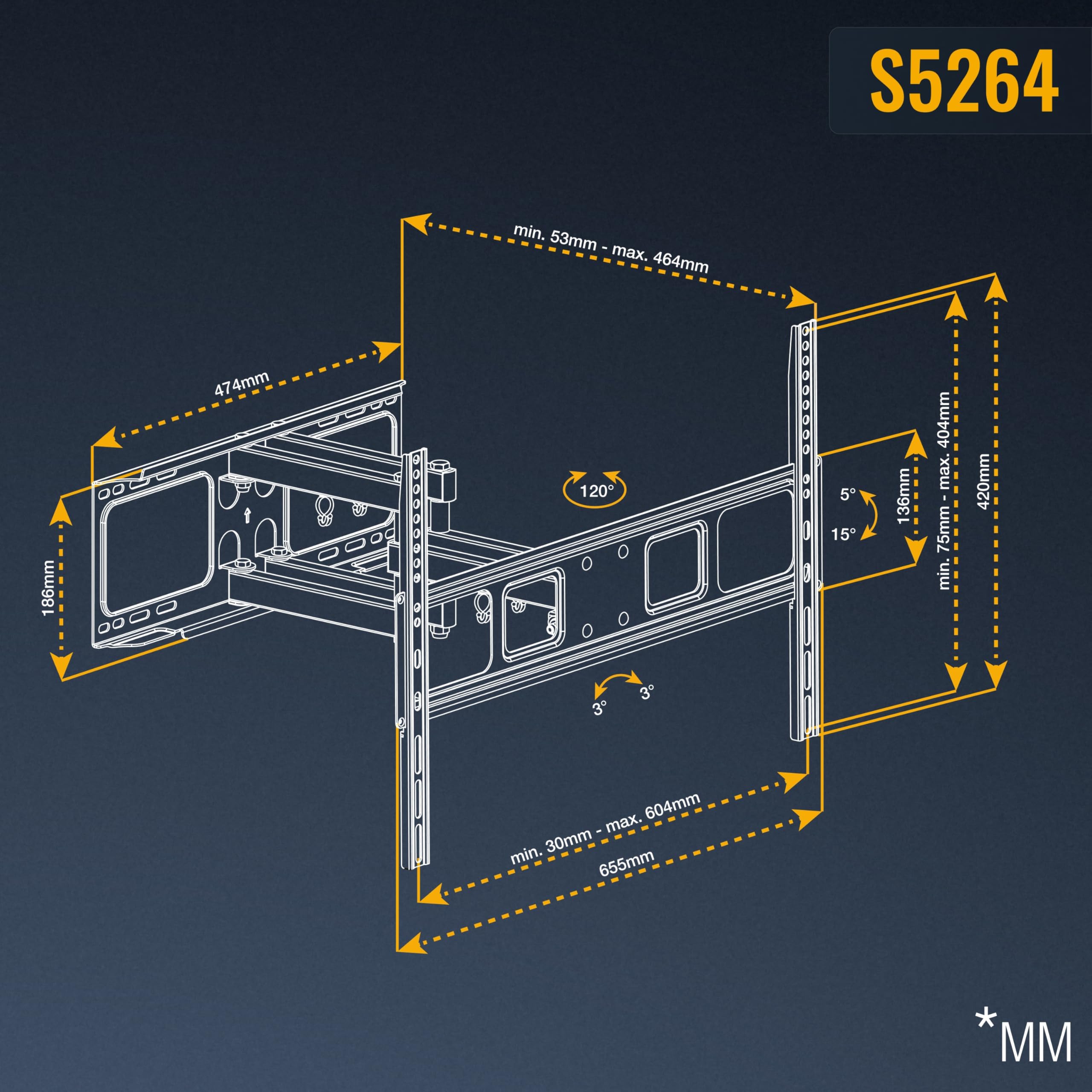RICOO S5264 Support Mural TV 40 42 43 48 50 55 58 60 65 Pouces VESA 300x200 à VESA 600x400 Orientable Inclinable Rotatif Universel Fixation Murale TV QLED OLED LED LCD Écran incurvé