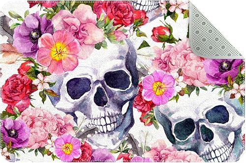 Alfombra de baño con patrón de flores coloridas y calavera con parte trasera antideslizante hojas absorbentes de agua alfombra de baño pequeña de
