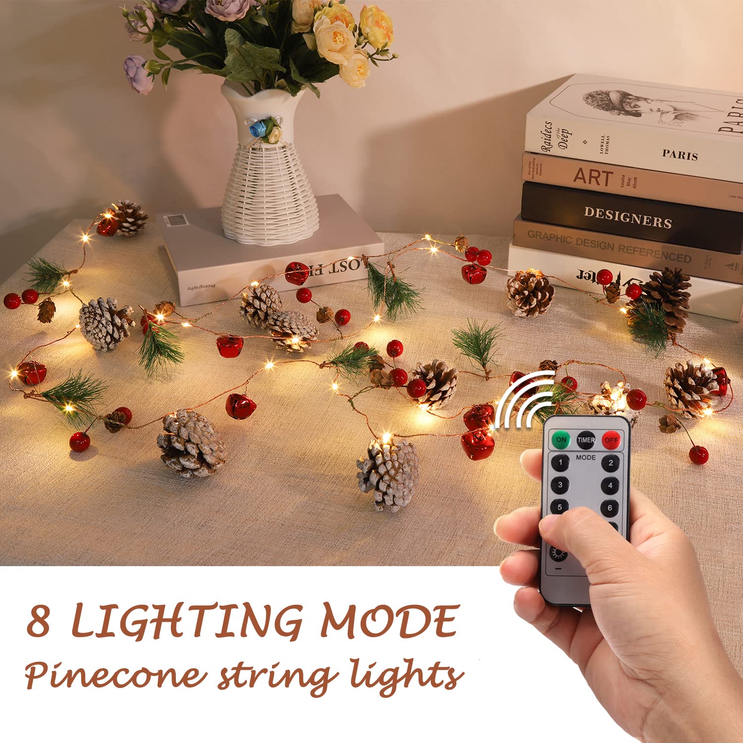 Guirnalda de Navidad, guirnalda de 30 luces LED de cono de pino de bayas rojas, decoración de árbol de Navidad, guirnalda de Navidad con luces, decoraciones de Navidad para interiores para decoración