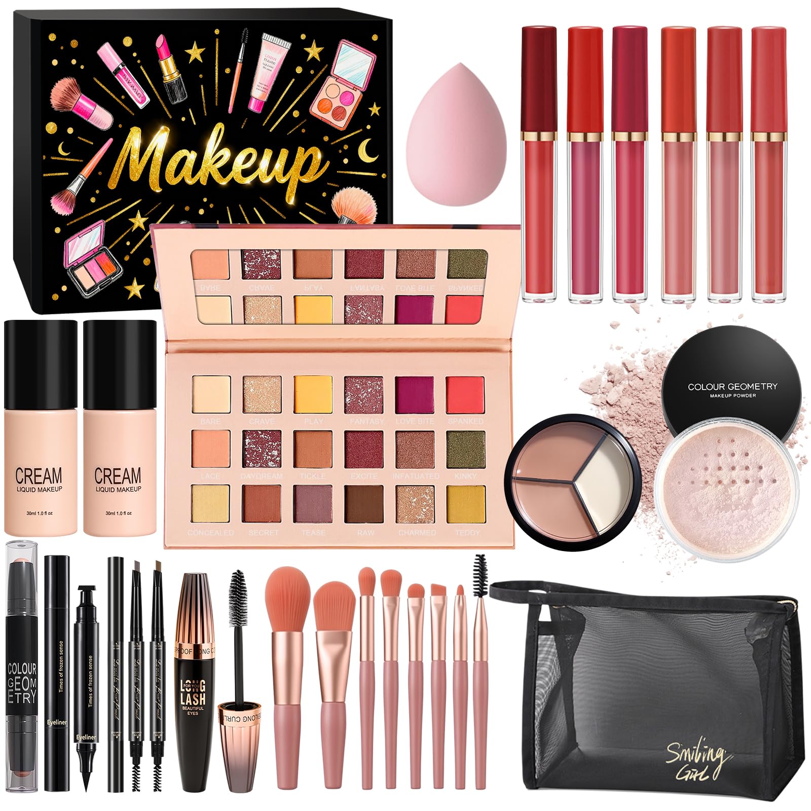 Kit de Maquillage Complet, Coffret Cadeau de Maquillage Femme Ado Fille, Coffret de Maquillage avec Ombres Paupière, Fond de Teint, Correcteur, Gloss à Lèvres, Crayon à Sourcils, Mascara, Trousse