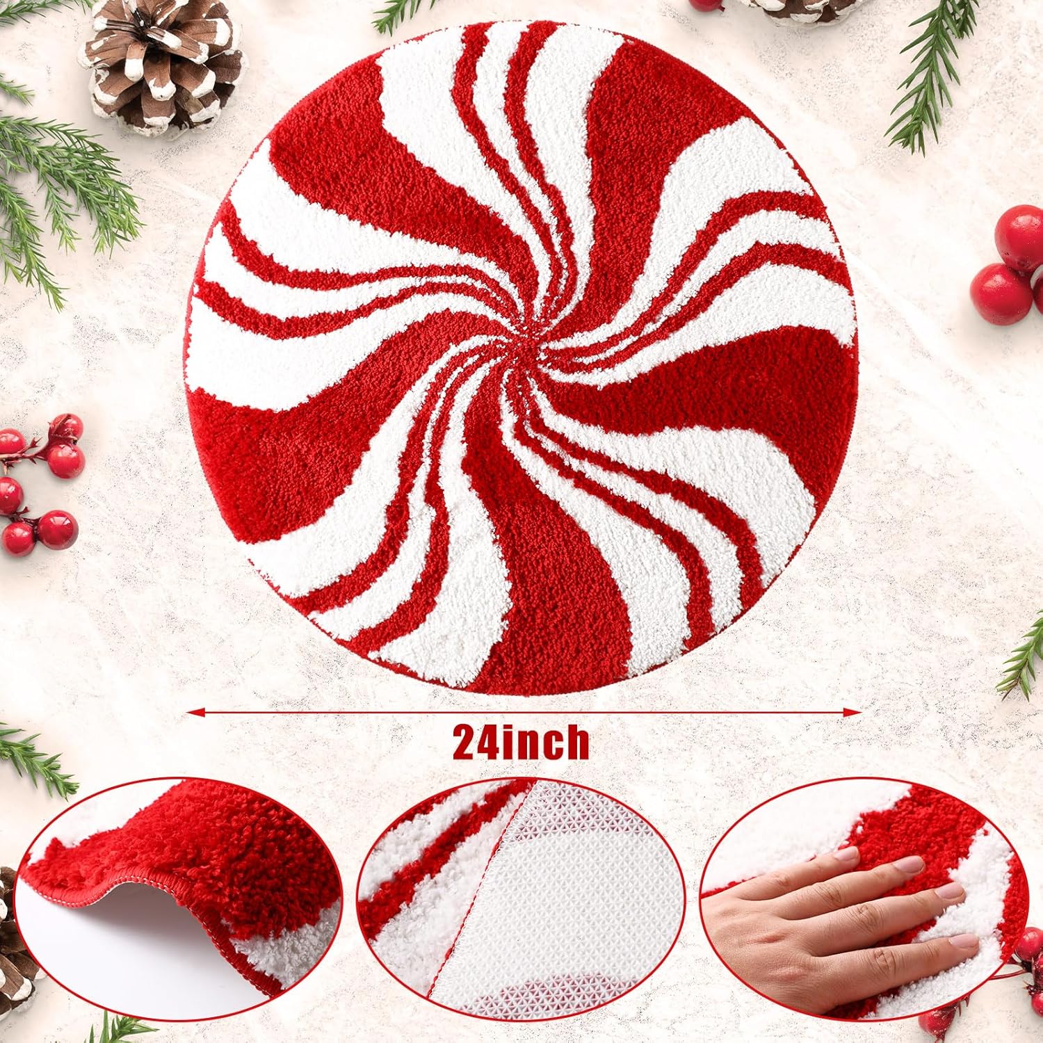 Ceenna Christmas Bathroom Rugs Decor Christmas Candy Rug Candy Bath Mat 24 x 24 Inch Absorbent Bathtub Bathroom Doormats Non Slip Washable Toilet Rug