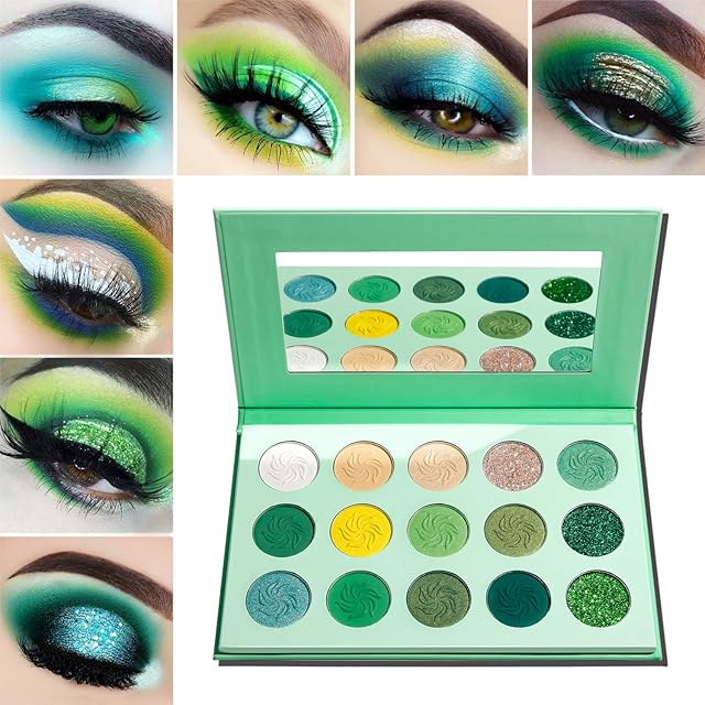 Green Eyeshadow Palette Matte and Glitter,Afflano Highly Pigmented Makeup Palettes Eye shadow Yellow 15 Colours,Bright Creme Shimmer Metallic Sparkle Travel Vegan Cruelty Free Eyeshadow Make up Pallet