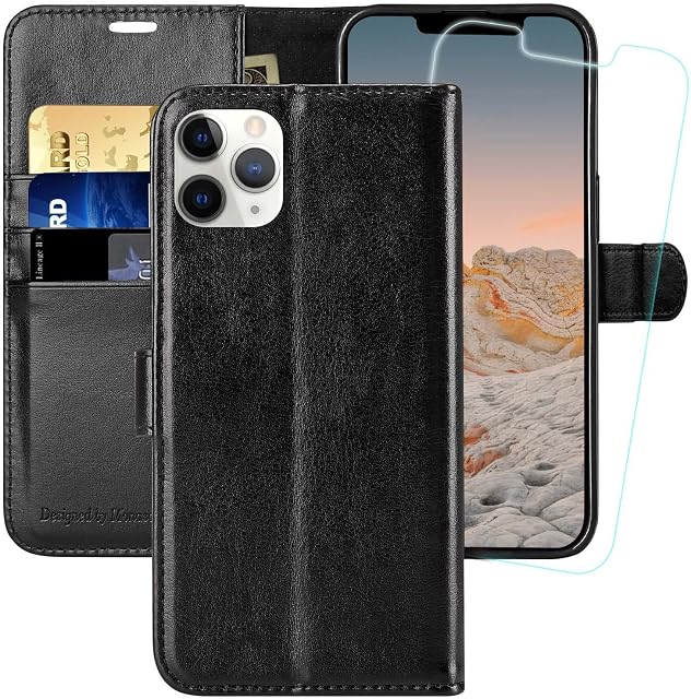 MONASAY iPhone 11 Pro MAX Wallet Case,6.5-inch, [Glass Screen Protector Included][RFID Blocking] Flip Folio Leather Cell Phone Cover with Credit Card Holder for iPhone 11 pro MAX Black