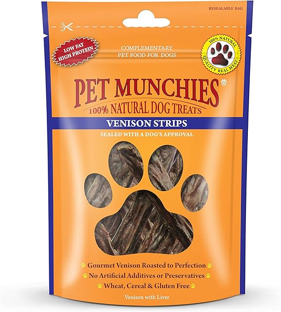 Pet Munchies Venison Strips Dog Treats, Premium Wheat Free Dog Chews with Natural Real Meat, Low in Fat and High in Protein 75g