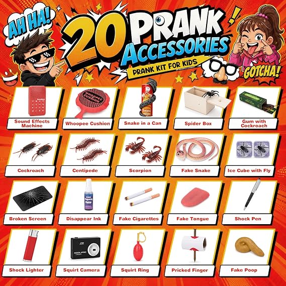 Prank Kit for Kids, 20 Funny Gags & Practical Joke Toys with Sound Effects Machine, Ultimate Practical Jokes Prank Gifts for Boys & Girls, Prank Toys Pack Set Box for April Fools Party Birthday