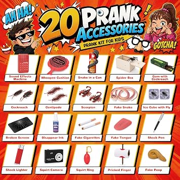 Prank Kit for Kids, 20 Funny Gags & Practical Joke Toys with Sound Effects Machine, Ultimate Practical Jokes Prank Gifts for Boys & Girls, Prank Toys Pack Set Box for April Fools Party Birthday