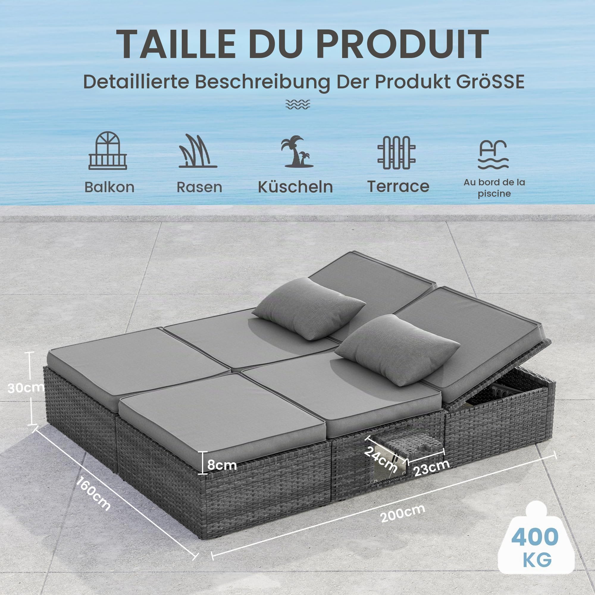 UDPATIO Transat Jardin Extérieur en Rotin - Bain de Soleil Double avec Plateaux Latéraux Repliables et Dossier Réglable 5 Niveaux, Lit de Jardin Résistant Jusqu'à 400kg, pour Piscine ou Terrasse, Gris