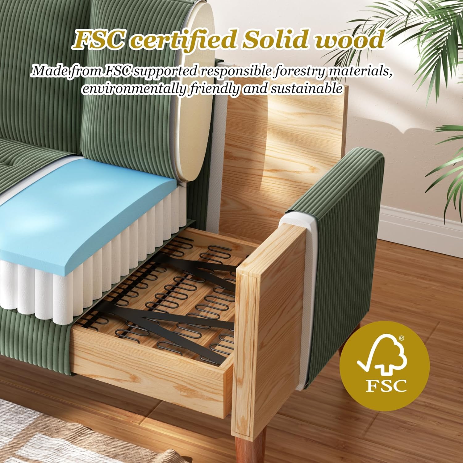 Vesgantti Loveseat Sofa with Solid Wood Legs,48" Small Corduroy Couches for Small Spaces, Mid Century Modern Love Seat for Living Room, Bedroom, Easy Assembly with Throw Pillow, Green