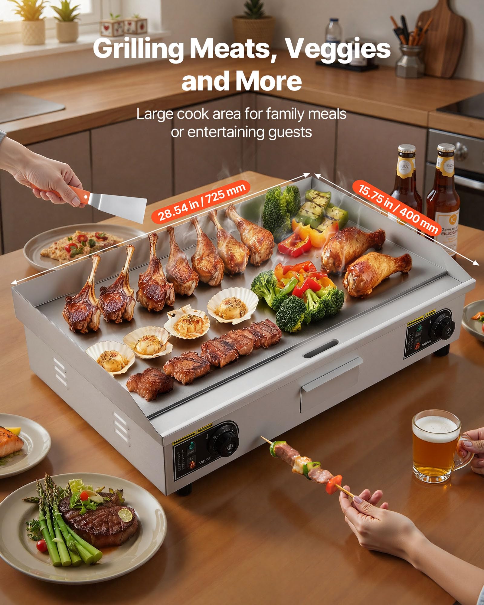 VEVOR Kommerzielle Grillplatte Elektrisch, Bratplatte Elektrogrill, Tischgrillplatte 50–300 °C mit 2 Spateln, 2 Bürsten und 4 Fußpolstern, Griddleplatte für Steaks Pfannkuchen (725x400 mm)