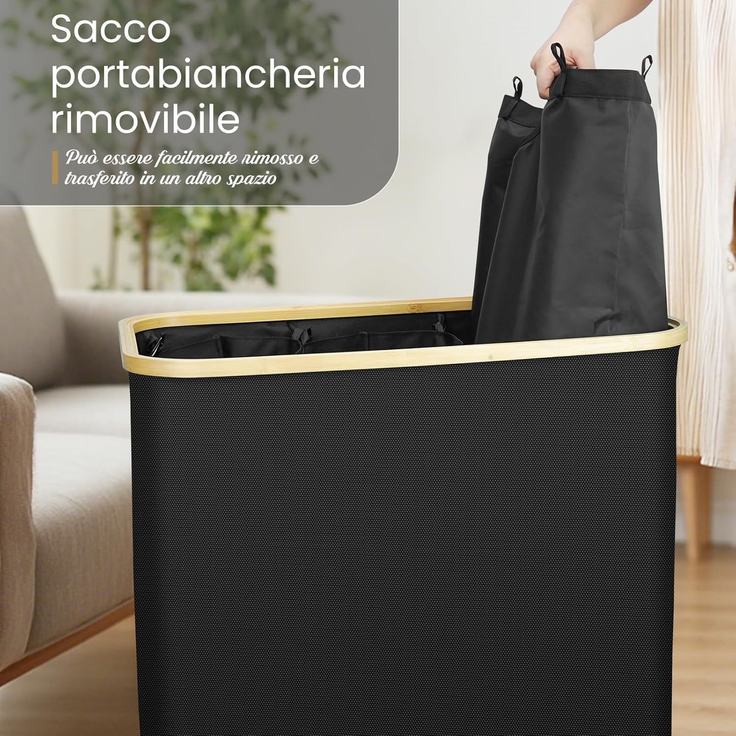 Cesto Portabiancheria 160L con 3 Scomparti e Coperchio, Pieghevole e Salvaspazio, Tessuto Oxford Impermeabile, Sacchetto Estraibile, Manici in Bambù per Lavanderia, Bagno, Camera