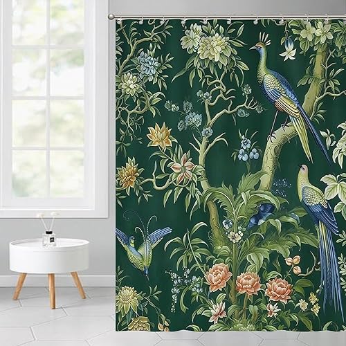 Miniatura 3 de Cortinas de ducha de baño con ganchos, 72 x 92 pulgadas, cortina de ducha de tela impermeable con diseño de flores y pájaros, cortina de ducha para