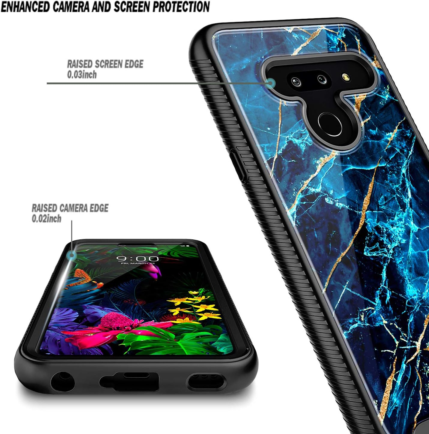 E-Began Case Compatible for LG G8 ThinQ with [Built-in Screen Protector], Full-Body Protective Rugged Bumper Cover, Shockproof Impact Resist Durable Phone Case -Marble Design Sapphire
