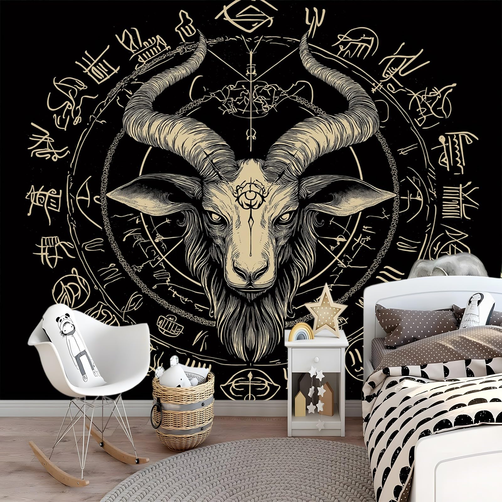 Tapeta gotycka głowa owcy symbol złota czarna 200 cm x 140 cm (szer. x wys.), fototapeta mural sypialnia pokrycie ścienne do salonu sztuka fototapeta do salonu dorośli sypialnia przedpokój kuchnia