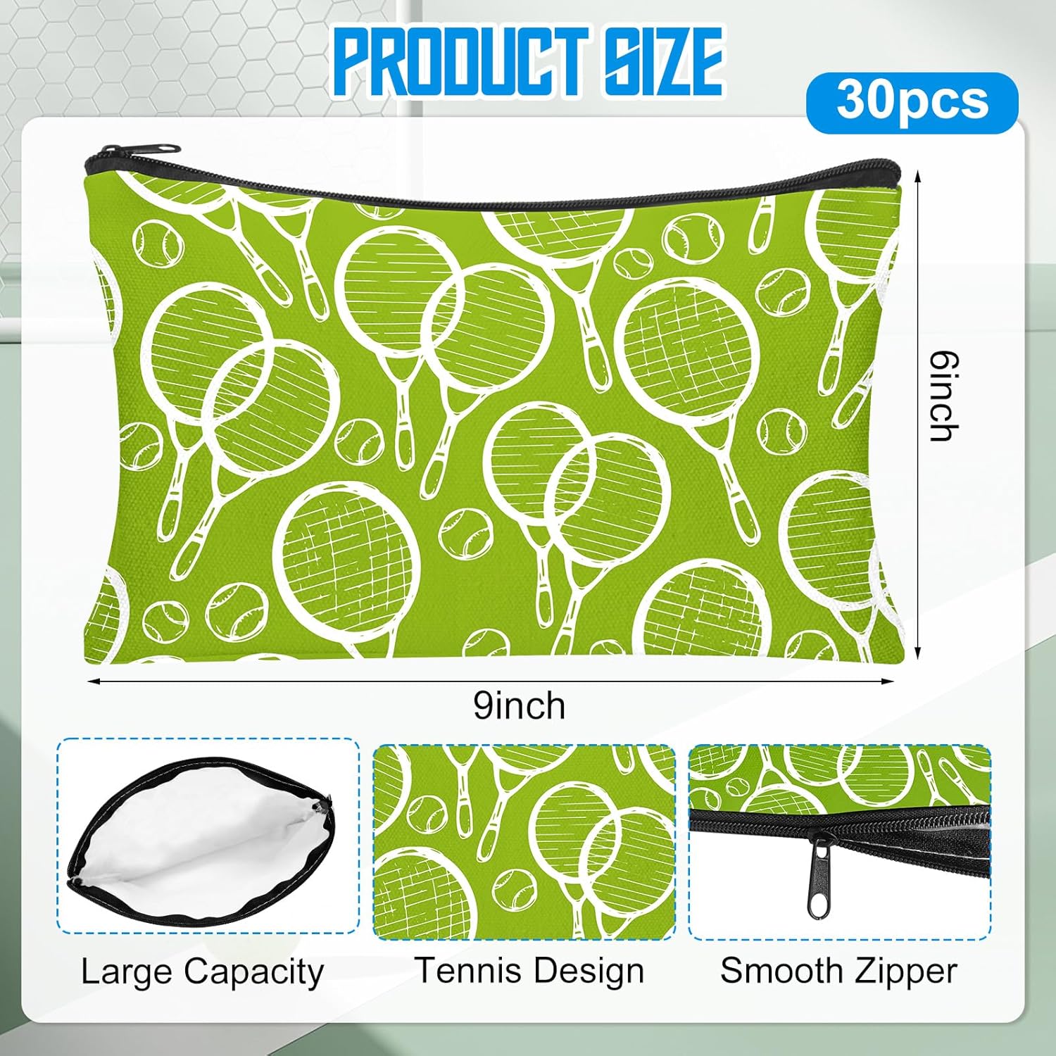 30Pcs Tennis Makeup Bag Tennis Gifts for Women Canvas Cosmetic Bags with Zipper Inspirational Travel Toiletry Pouch Tennis Accessories for Sports Lover Players Coach Valentine's Day Gift - Image 2