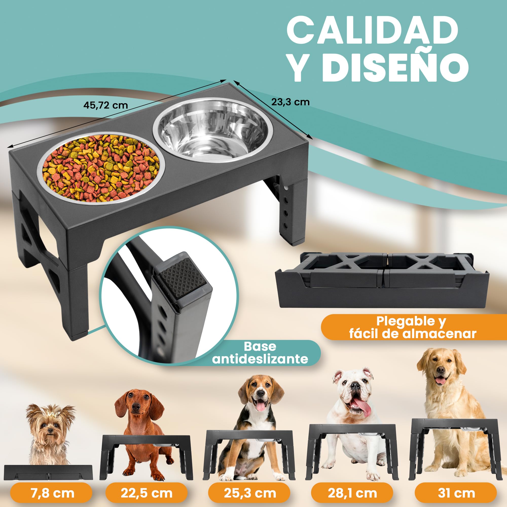 Comedero Perro Elevado de 5 Alturas Ajustables - Comedero Perro Antivoracidad 1x800 ml - Bebedero de Acero 2x1200ml. Cuencos Elevados para Perros Pequeños Medianos y Grandes + Botella Portátil