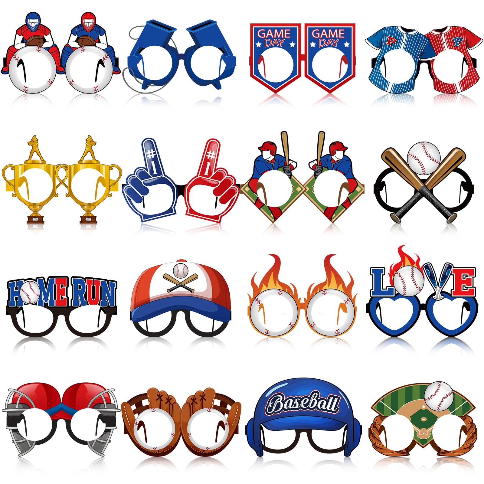 32 Pack Baseball Party Paper Glasses, 16 Designs Paper Eyeglasses, Game Day Baseball Decorations Photo Booth Props, Sports Party Favors for Team Banquet, Birthday, Tailgate and Season