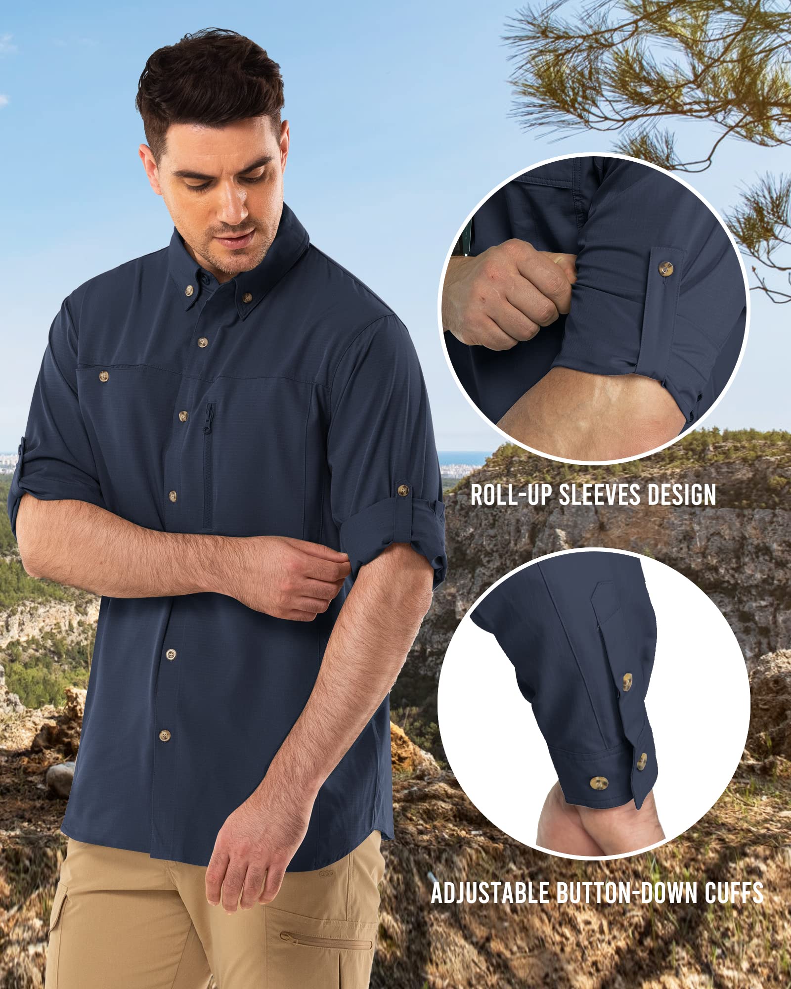 Camicia da uomo a maniche lunghe, da uomo, ad asciugatura rapida, leggera, funzionale, traspirante, 50+, protezione UV con tasche, per pesca, corsa, escursionismo, campeggio