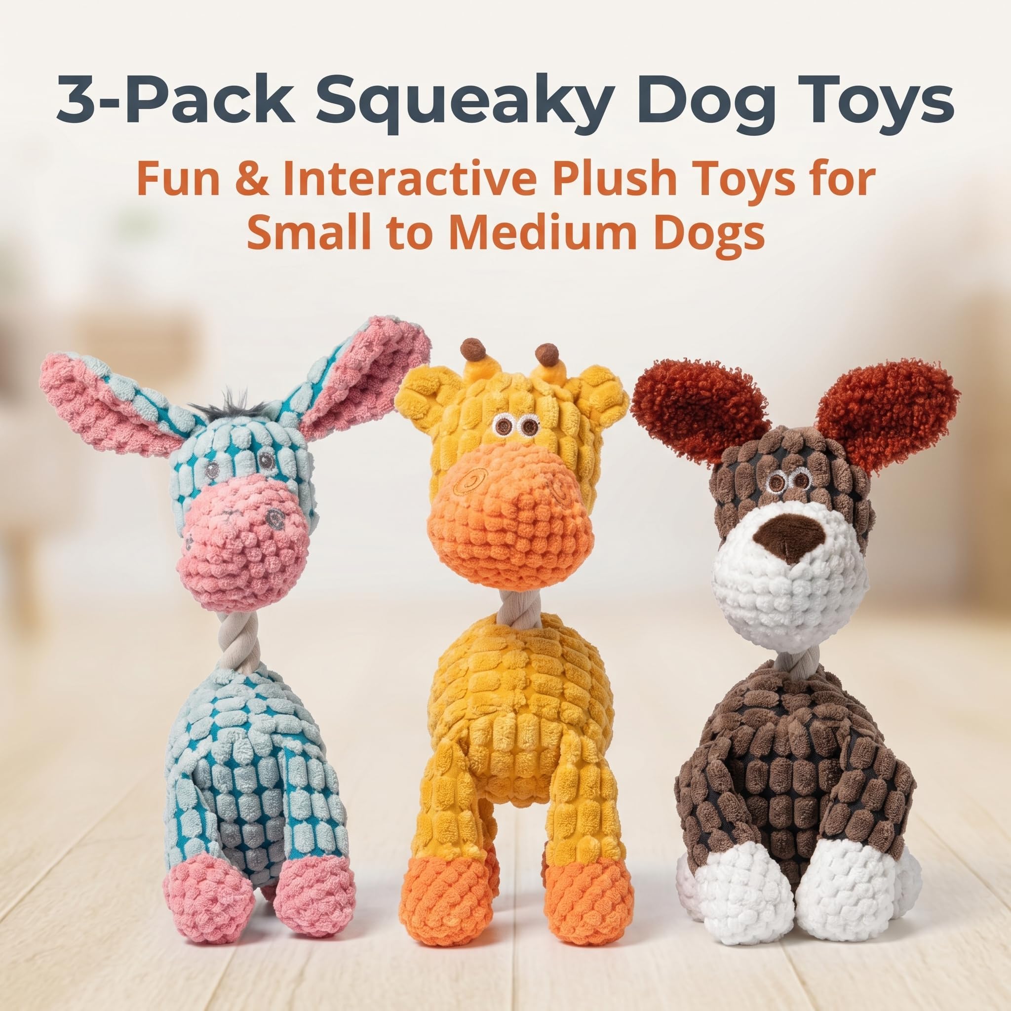 3 Juguetes para Perros con Chirriador - Peluche Interactivo para Perros Pequeños Medianos Grandes, Burro Perro Jirafa - Juguetes Perros Resistentes para Morder, Compañía y Juego
