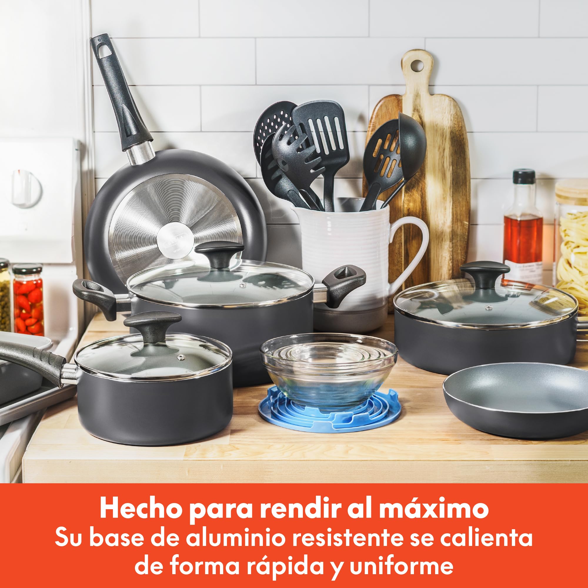 bella batería de cocina antiadherente con tapas de cristal, Bandejas para horno de aluminio, ollas, sartenes, cuencos de almacenamiento y utensilios, compatible con todas las estufas, 21 piezas, negro