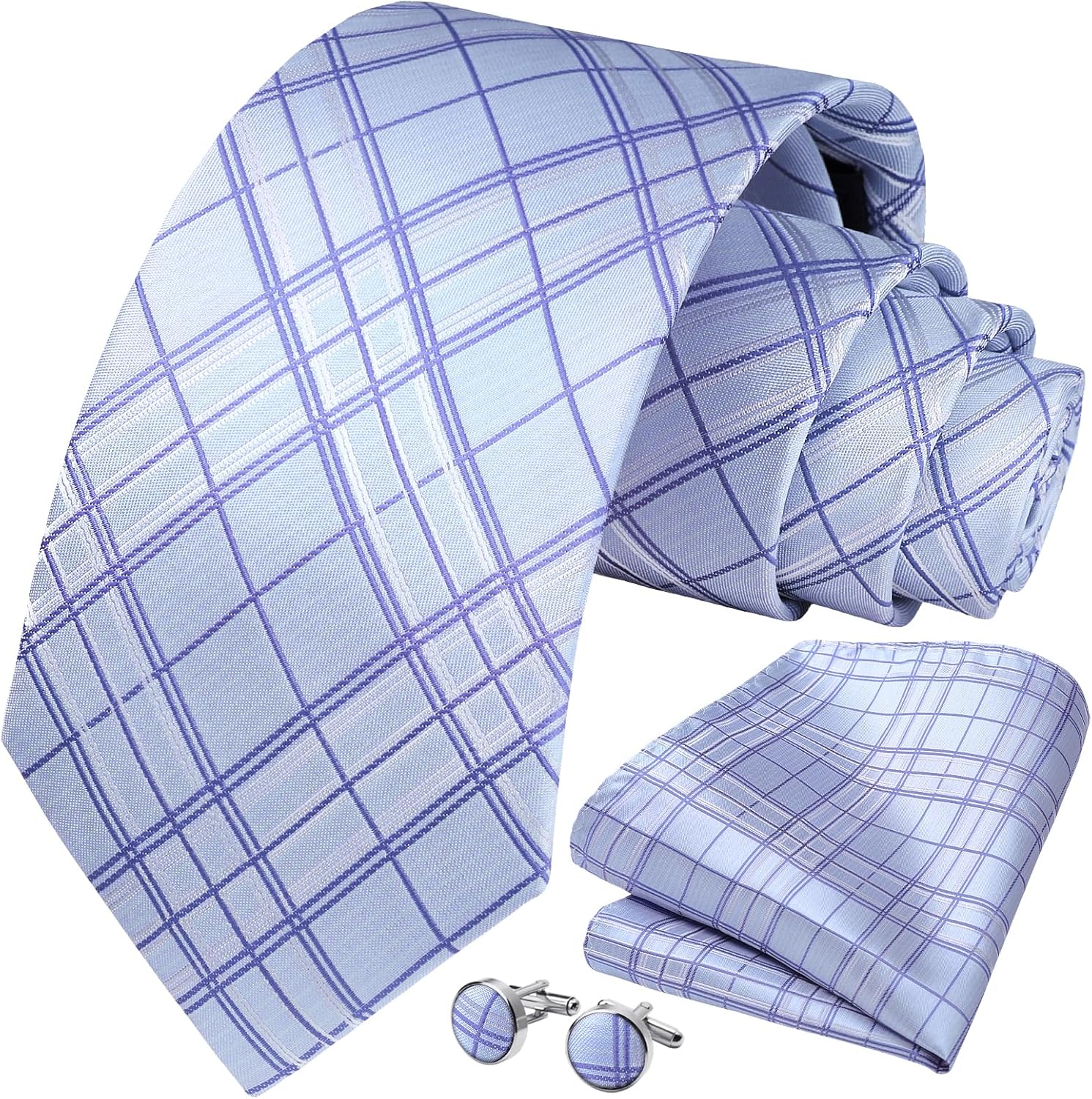 HISDERN Mens Tie Set Stripe Plaid Ties with Pocket Square Cufflinks Formal Business Silk Necktie Handkerchief for Men - Image 2