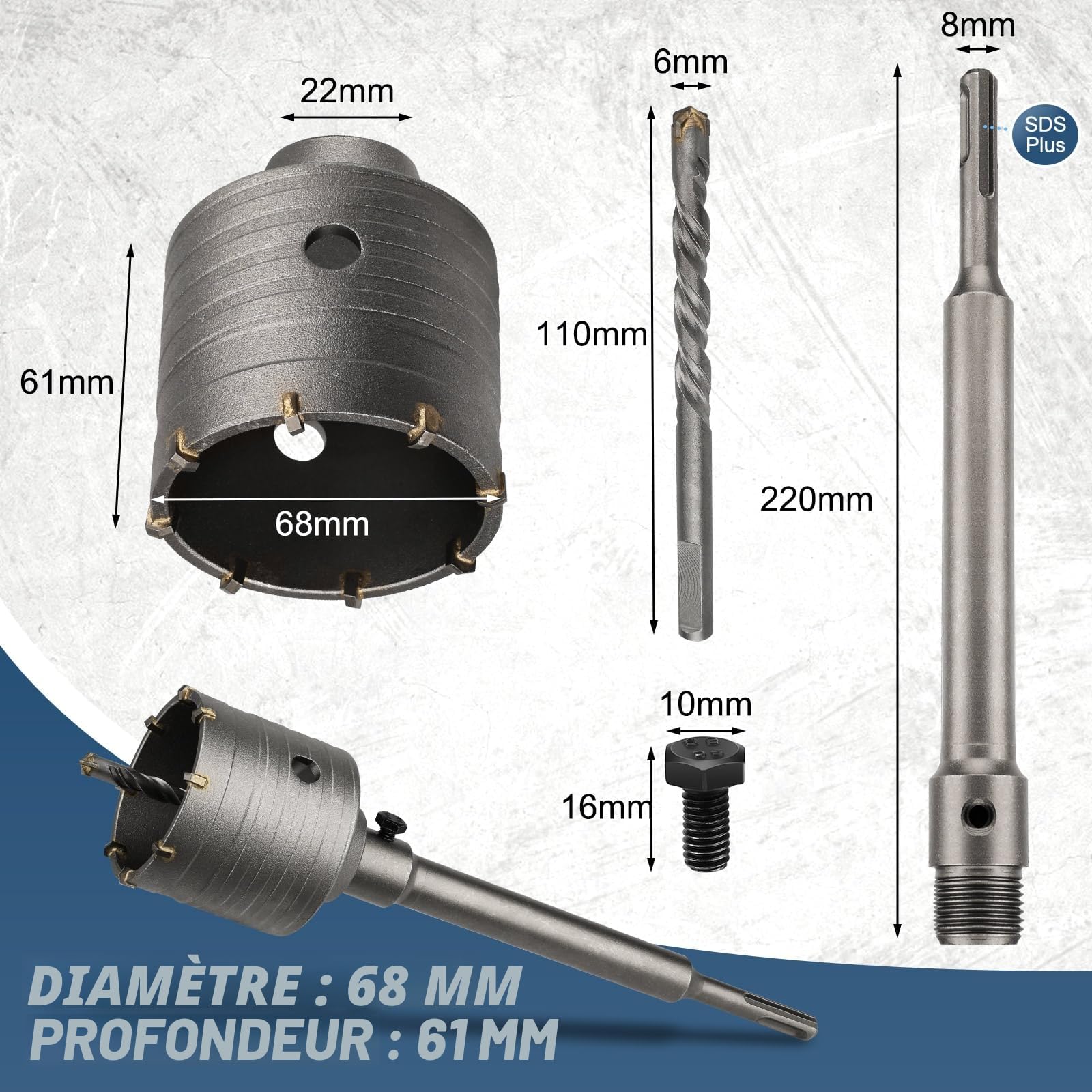 Lytool Scie-Cloche-à-Béton-68-mm avec Tige SDS Plus,Scie à Cloche Trépan Scie à Cloche avec Tige SDS Plus 220 mm avec Foret de Centrage Pour Ciment Brique Pierre Mur Autonivelant Maçonnerie