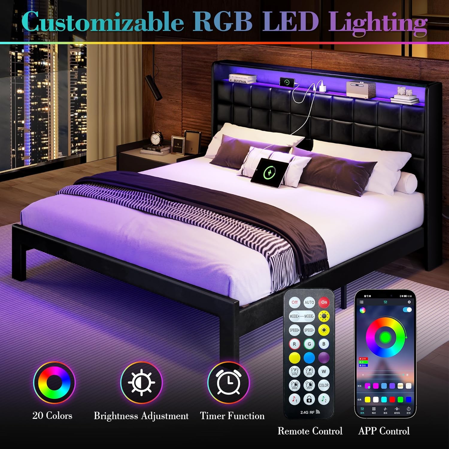 Queen Bed Frame, Leather Upholstered Headboard with LED Lights and Charging Station, Heavy Duty Wood Slats No Box Spring Needed - Easy Assembly and Noise Free - Image 7