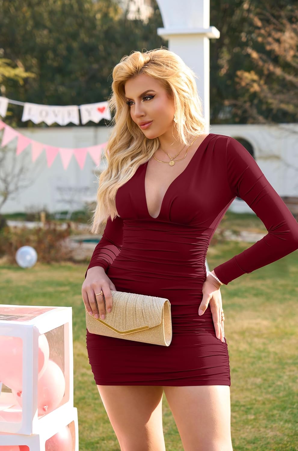 GOBLES Women's Sexy Long Sleeve V Neck Ruched Bodycon Mini Party Cocktail Dress - Image 8